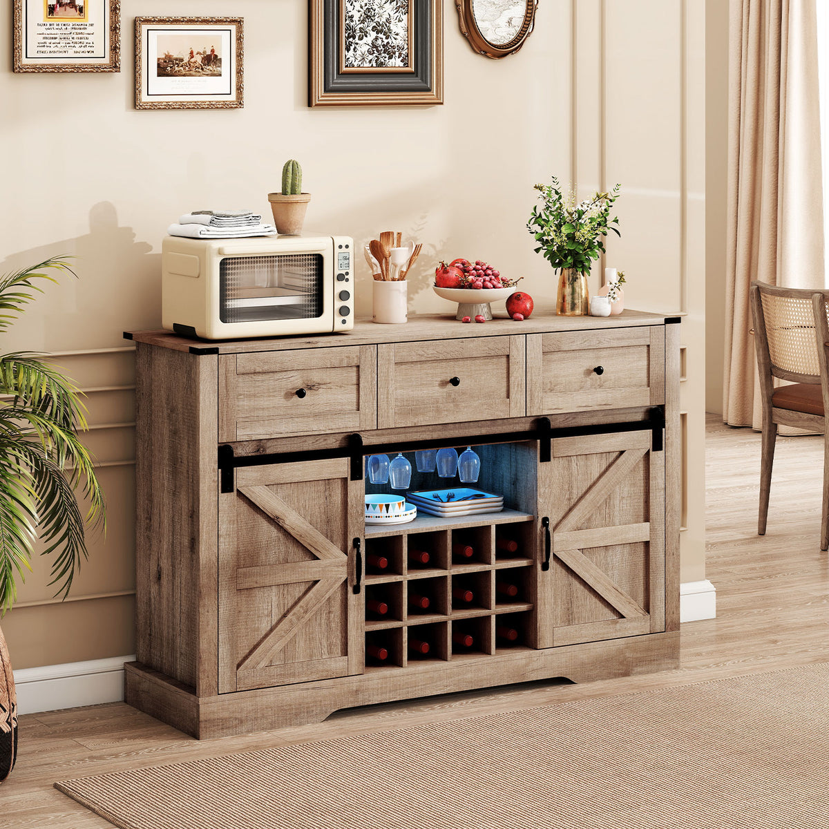 52-Inch Wine Bar Cabinet with LED Lights and Sliding Barn Doors - Oak