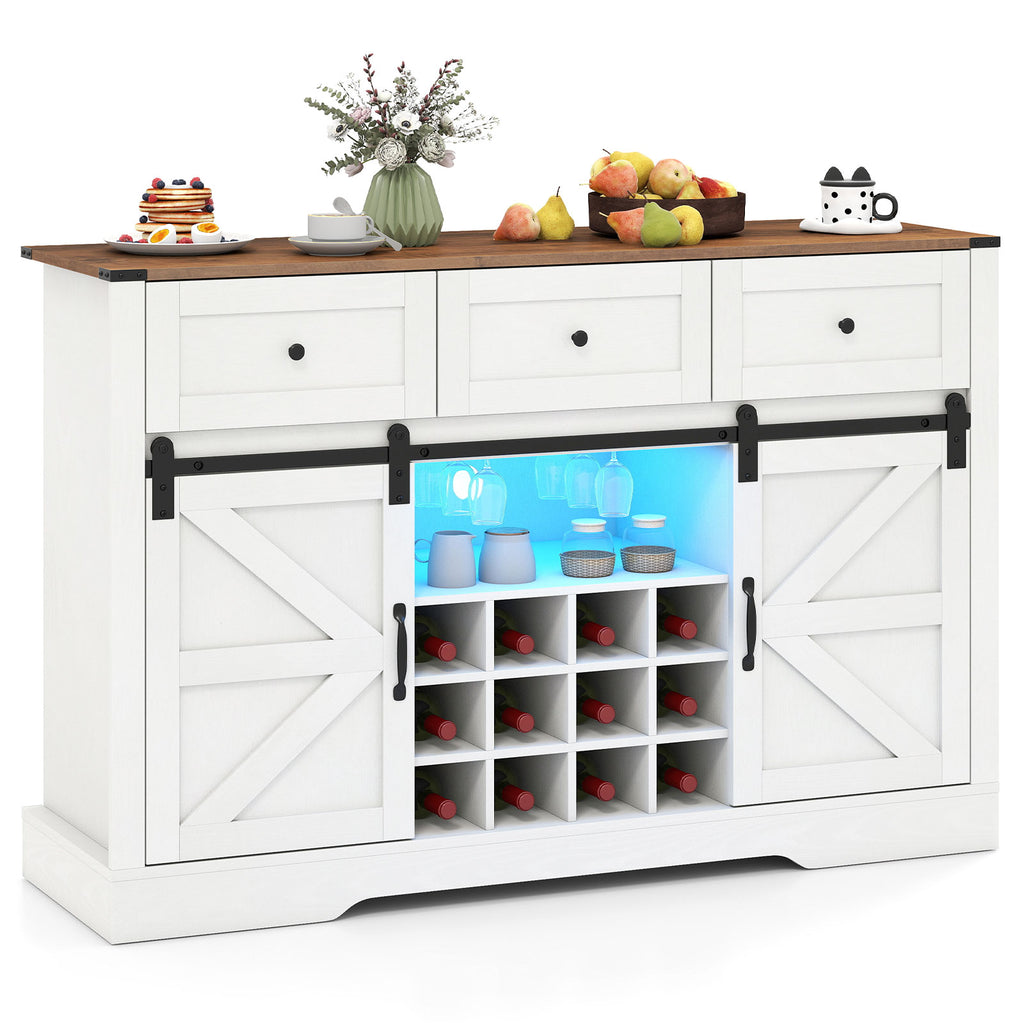 52-Inch Wine Bar Cabinet with LED Lights & Sliding Barn Doors - Oak