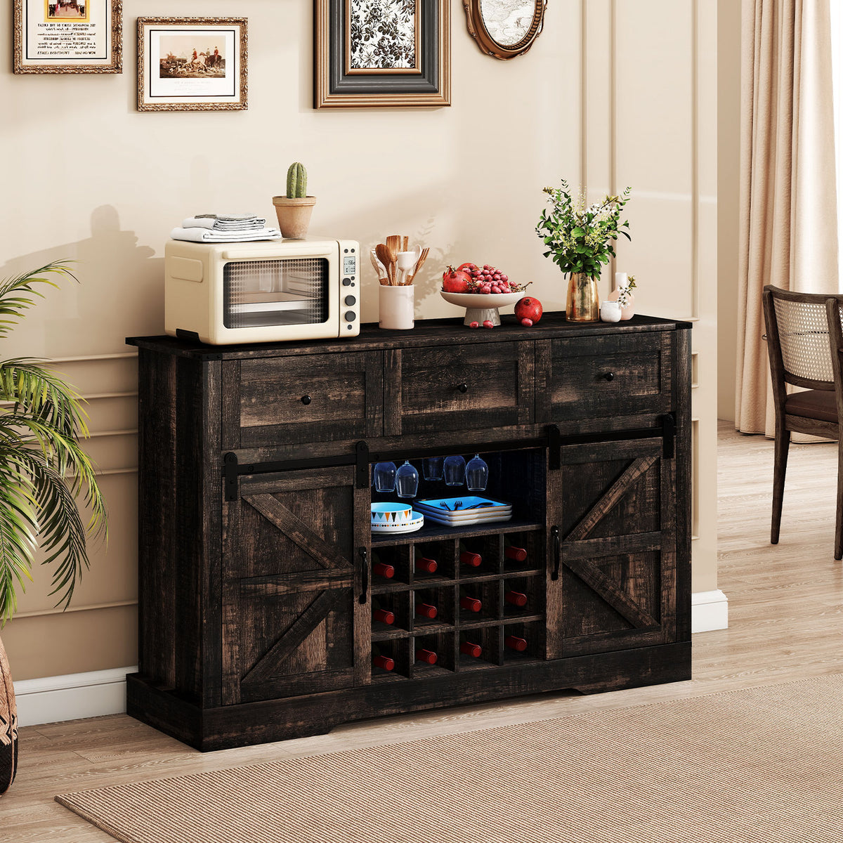 52-Inch Wine Bar Cabinet with LED Lights & Sliding Barn Doors - Oak