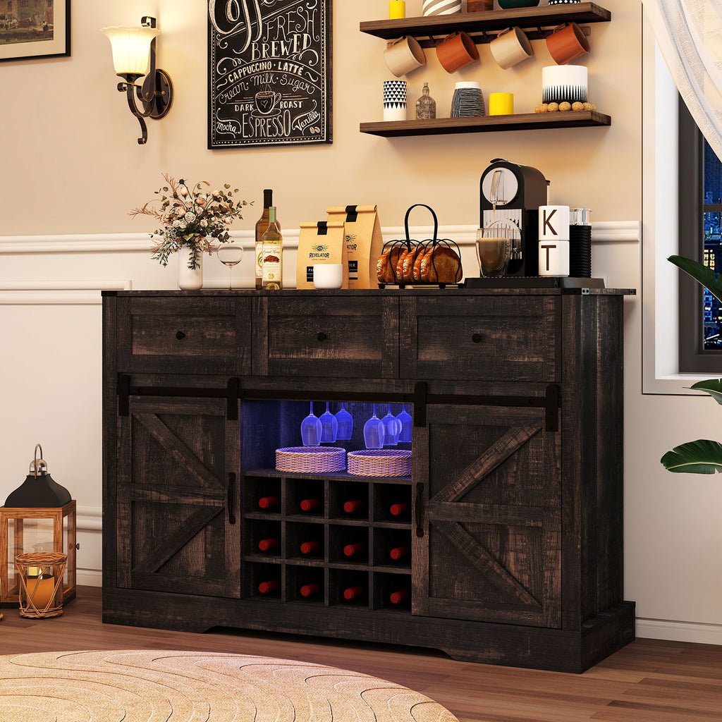 52-Inch Wine Bar Cabinet with LED Lights and Sliding Barn Doors - Oak