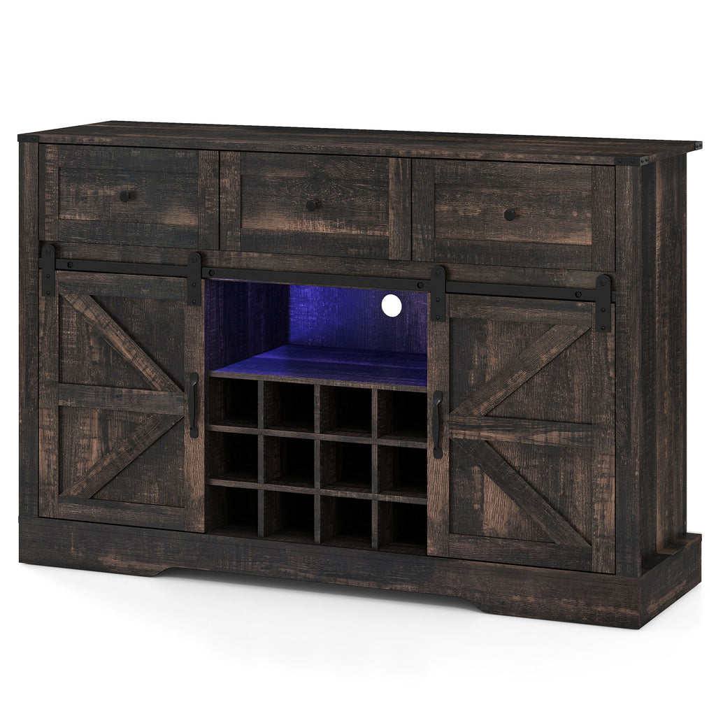 52-Inch Wine Bar Cabinet with LED Lights and Sliding Barn Doors - Oak