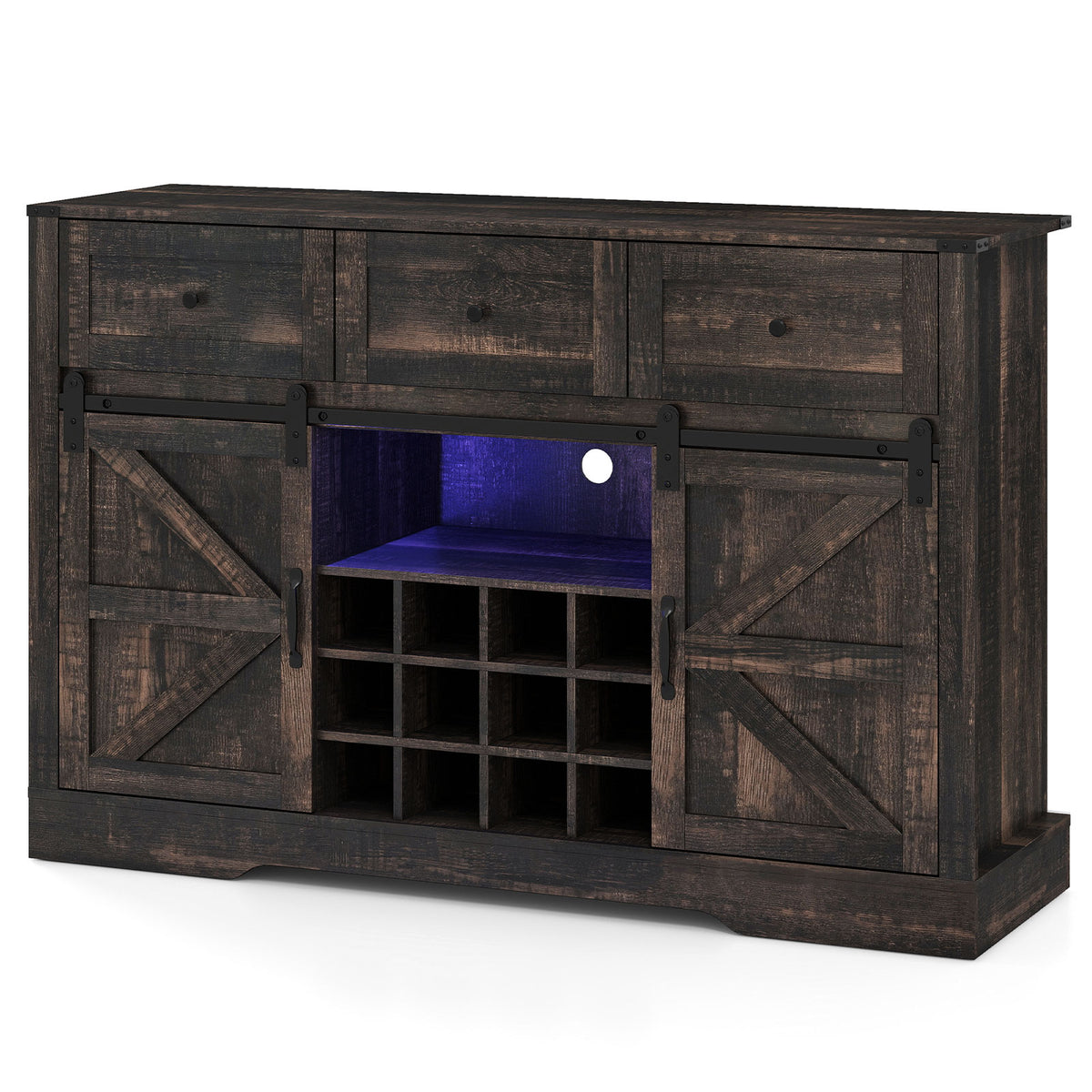 52-Inch Wine Bar Cabinet with LED Lights and Sliding Barn Doors - Oak