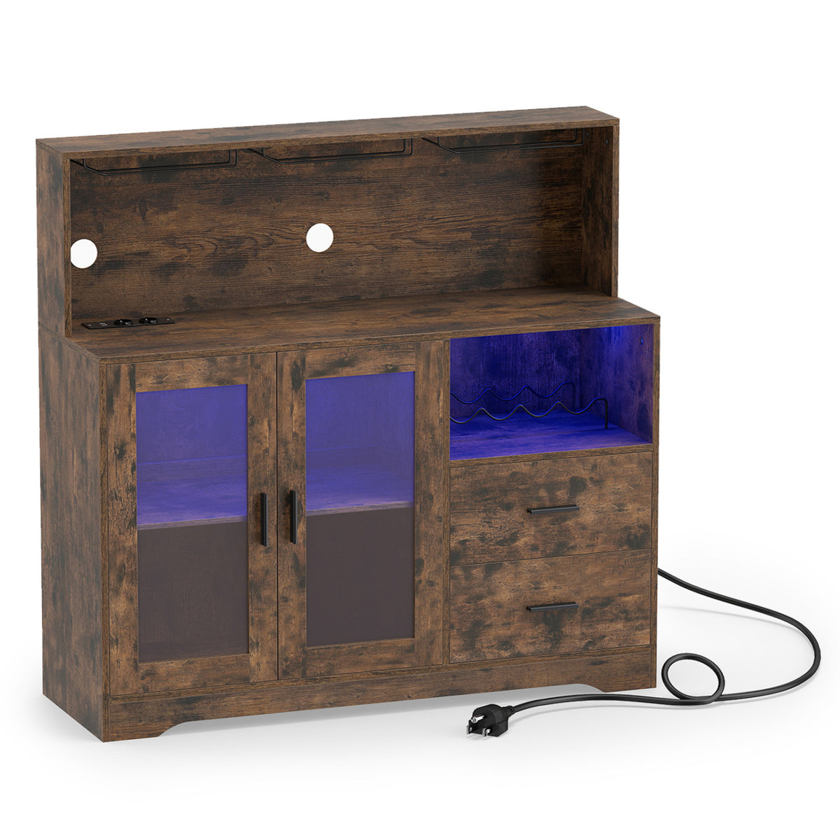 Wine Bar Cabinet with LED Lights and Charging Station - Rustic Brown