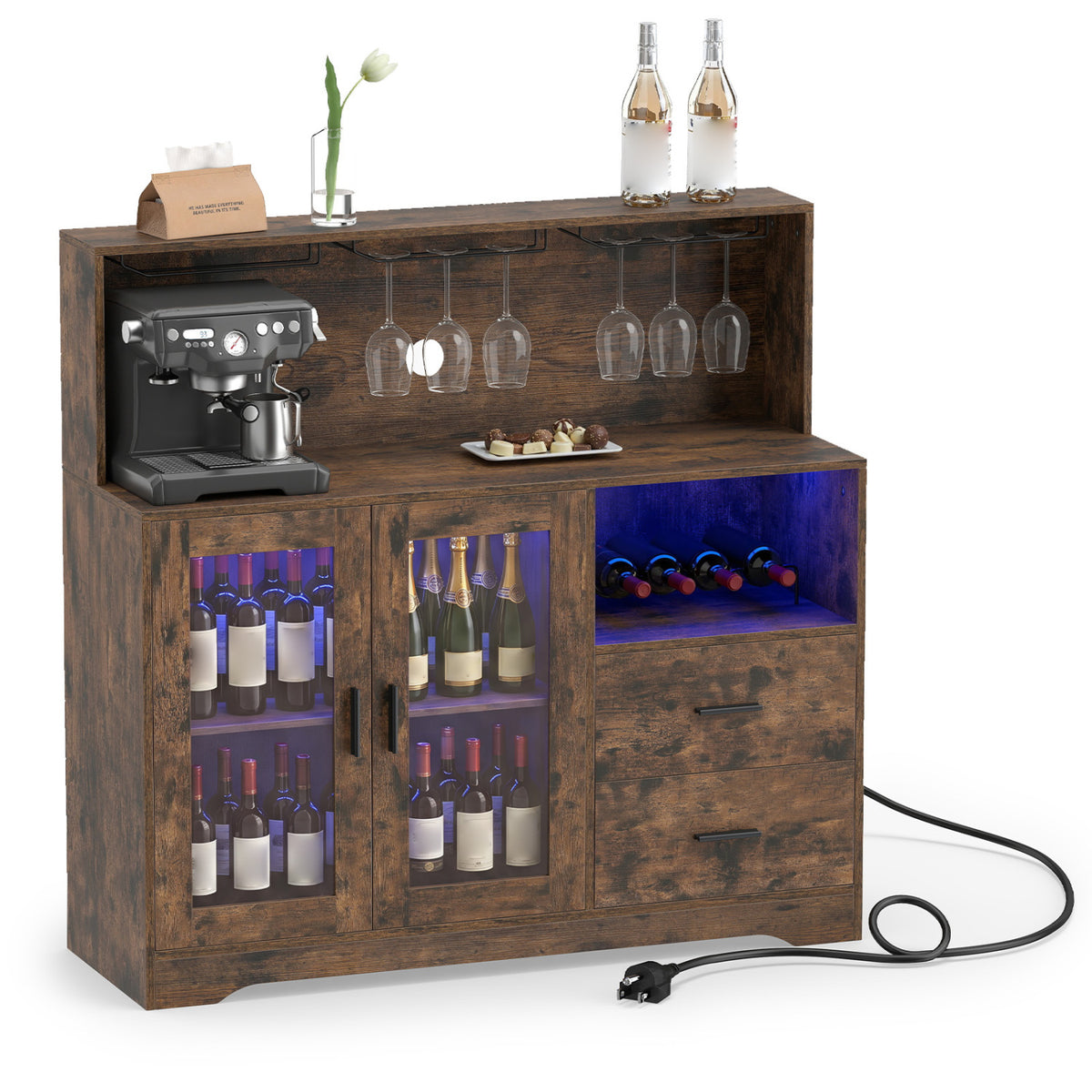 Wine Bar Cabinet with LED Lights and Charging Station - Rustic Brown