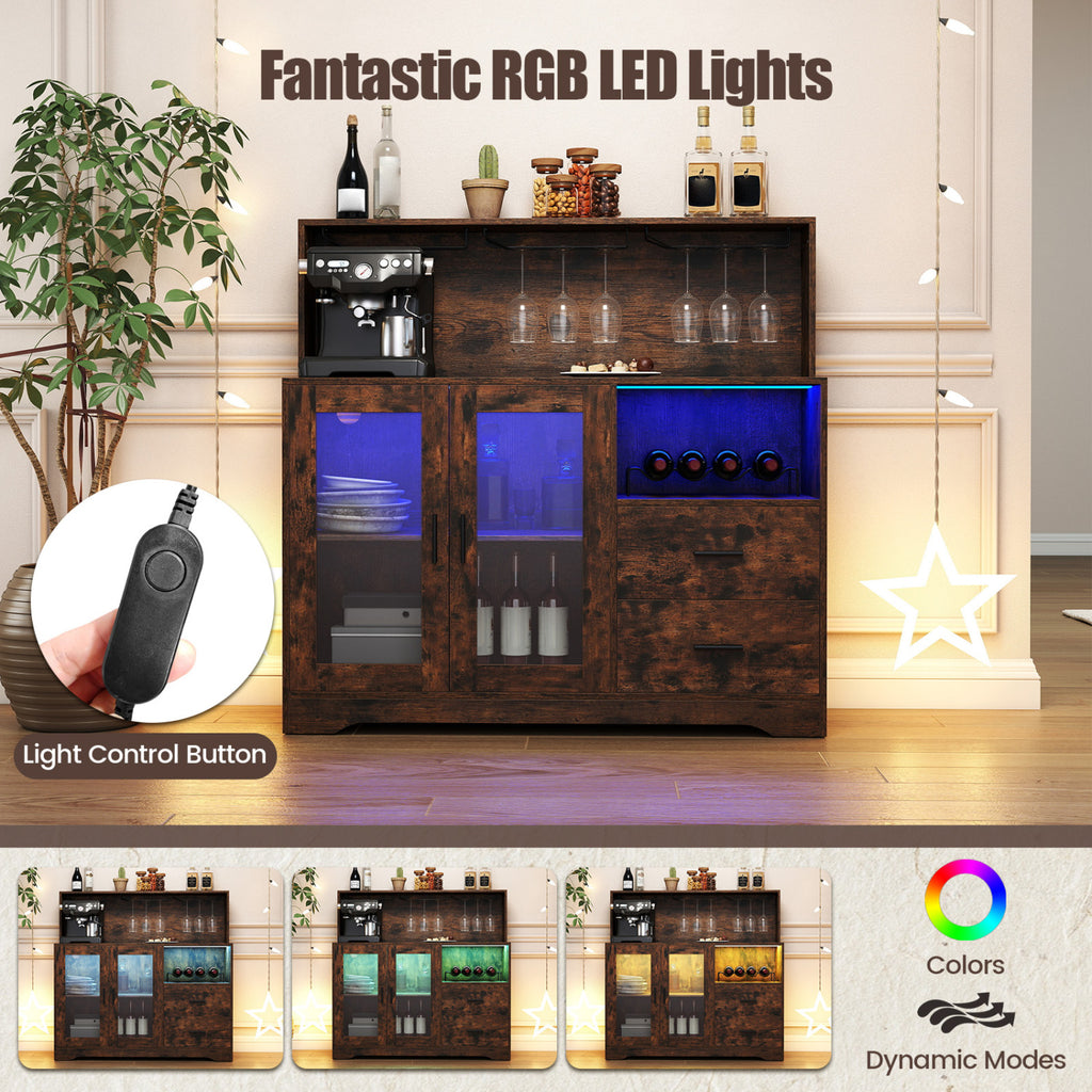 Wine Bar Cabinet with LED Lights and Charging Station - Rustic Brown