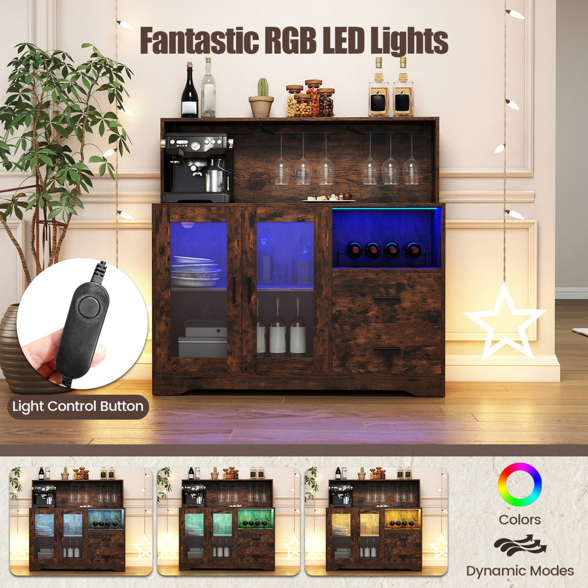 Wine Bar Cabinet with LED Lights and Charging Station - Rustic Brown