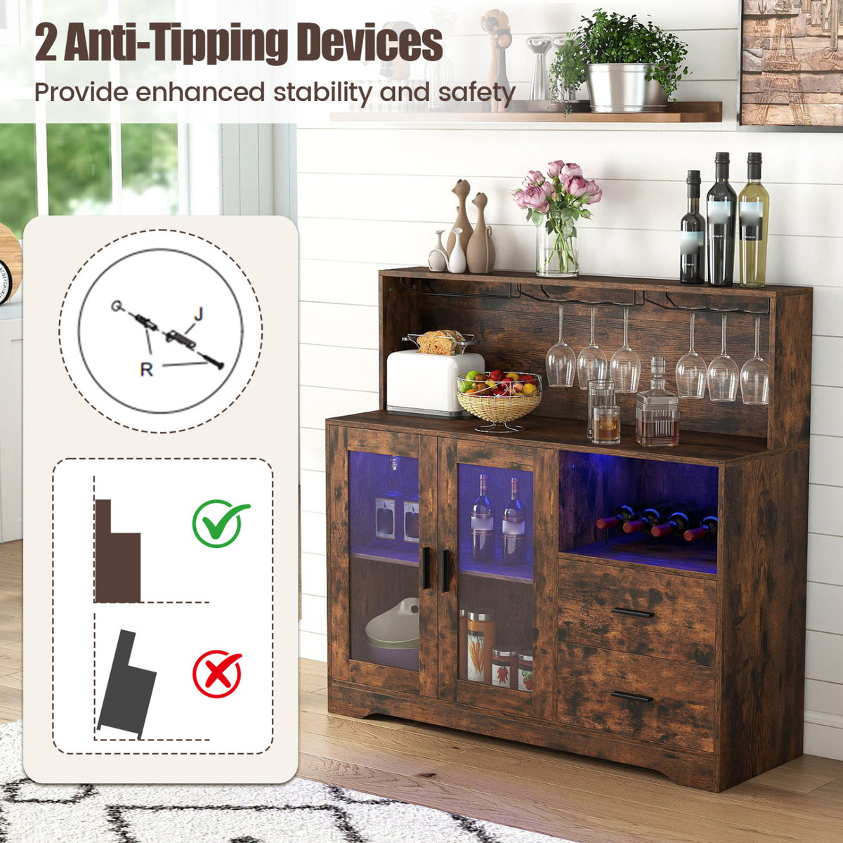 Wine Bar Cabinet with LED Lights and Charging Station - Rustic Brown