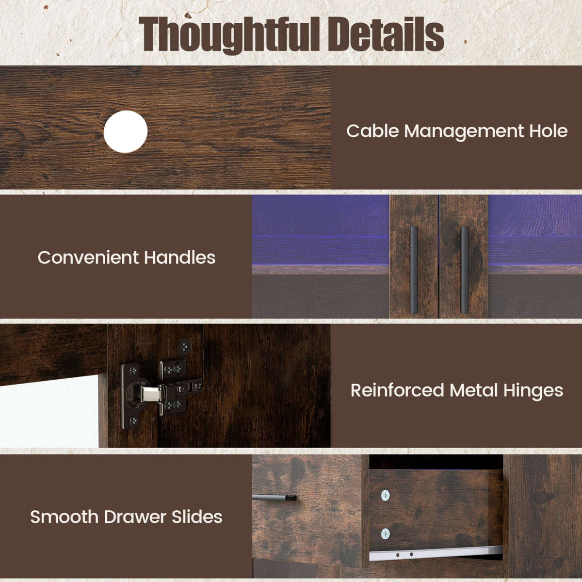 Wine Bar Cabinet with LED Lights and Charging Station - Rustic Brown