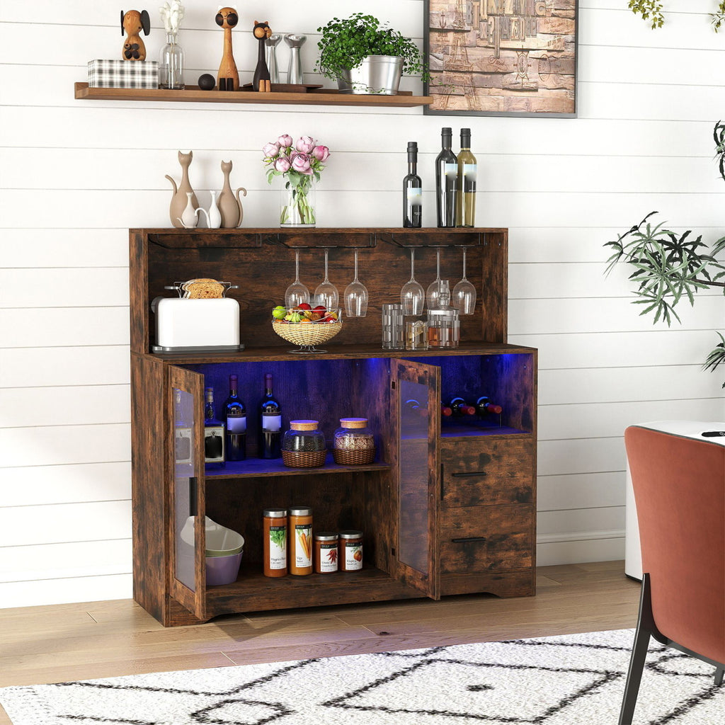 Wine Bar Cabinet with LED Lights and Charging Station - Rustic Brown