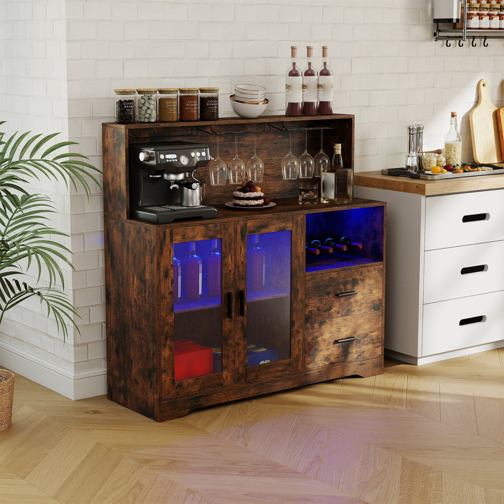 Wine Bar Cabinet with LED Lights and Charging Station - Rustic Brown