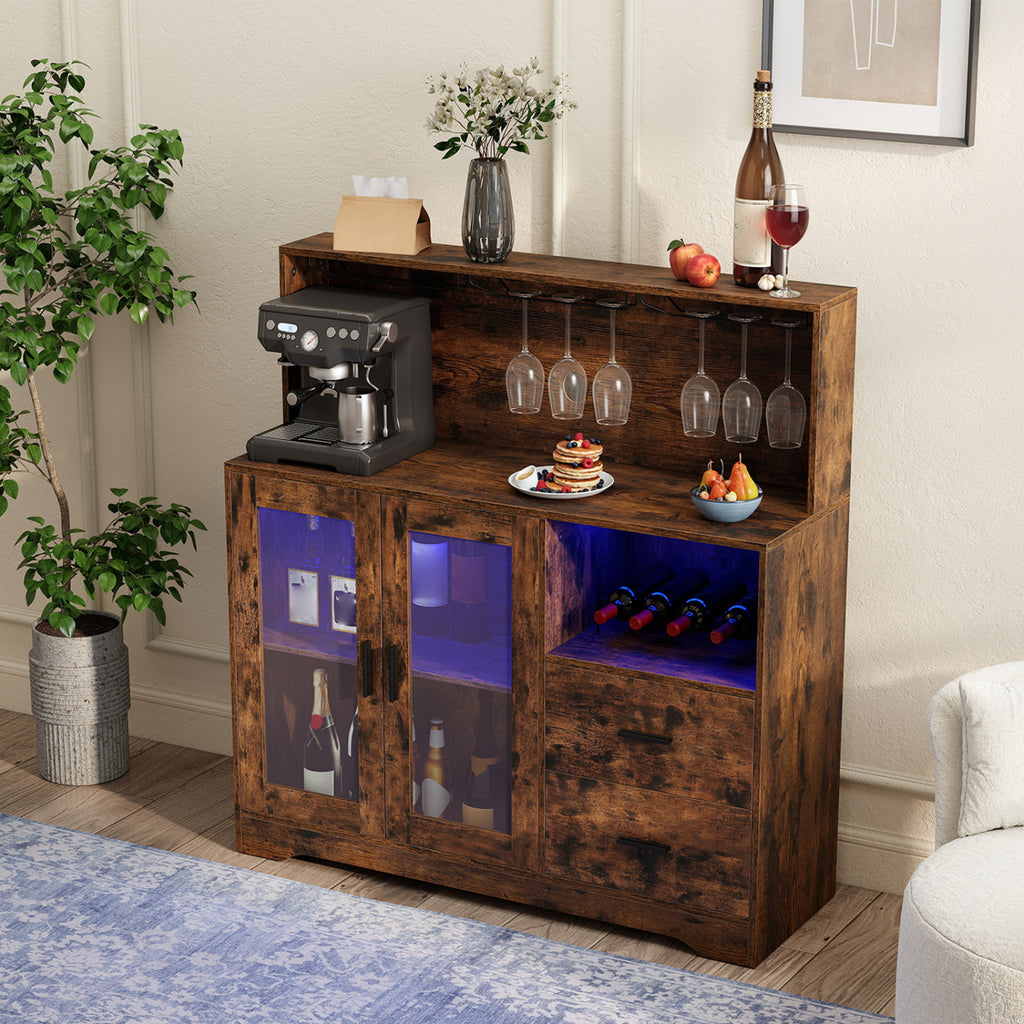 Wine Bar Cabinet with LED Lights and Charging Station - Rustic Brown