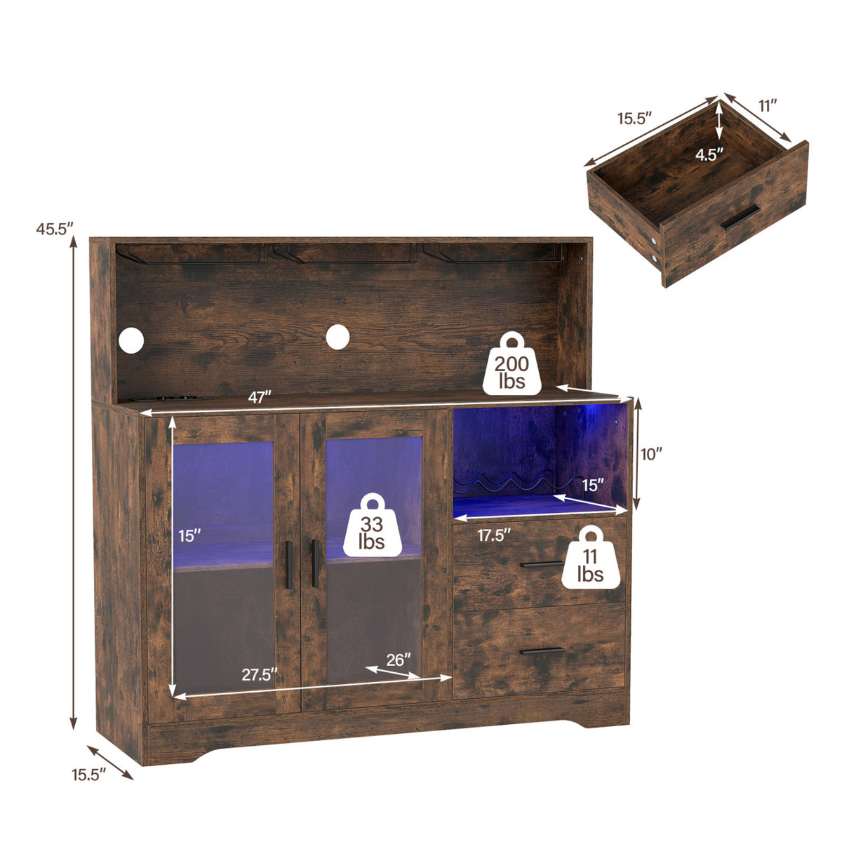 Wine Bar Cabinet with LED Lights and Charging Station - Rustic Brown
