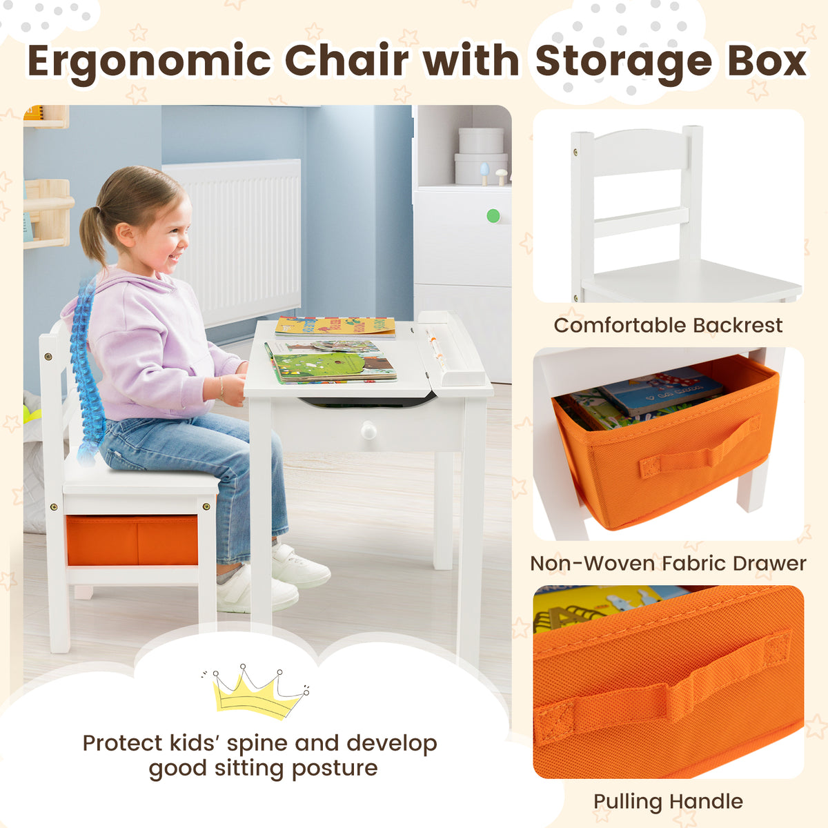Kids Wood Activity Table and Chair Set with Storage - White Variation