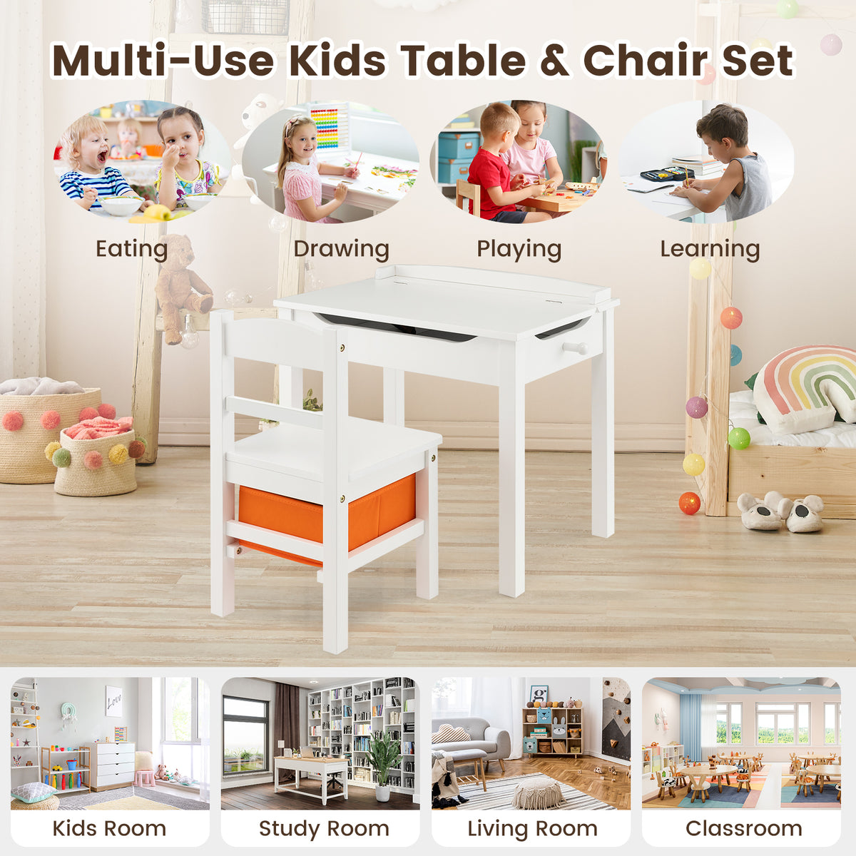 Kids Wood Activity Table and Chair Set with Storage - White Variation