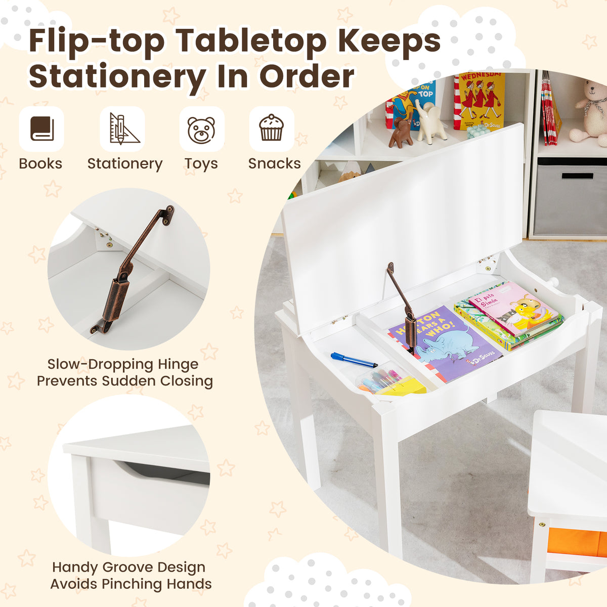 Kids Wood Activity Table and Chair Set with Storage - White Variation
