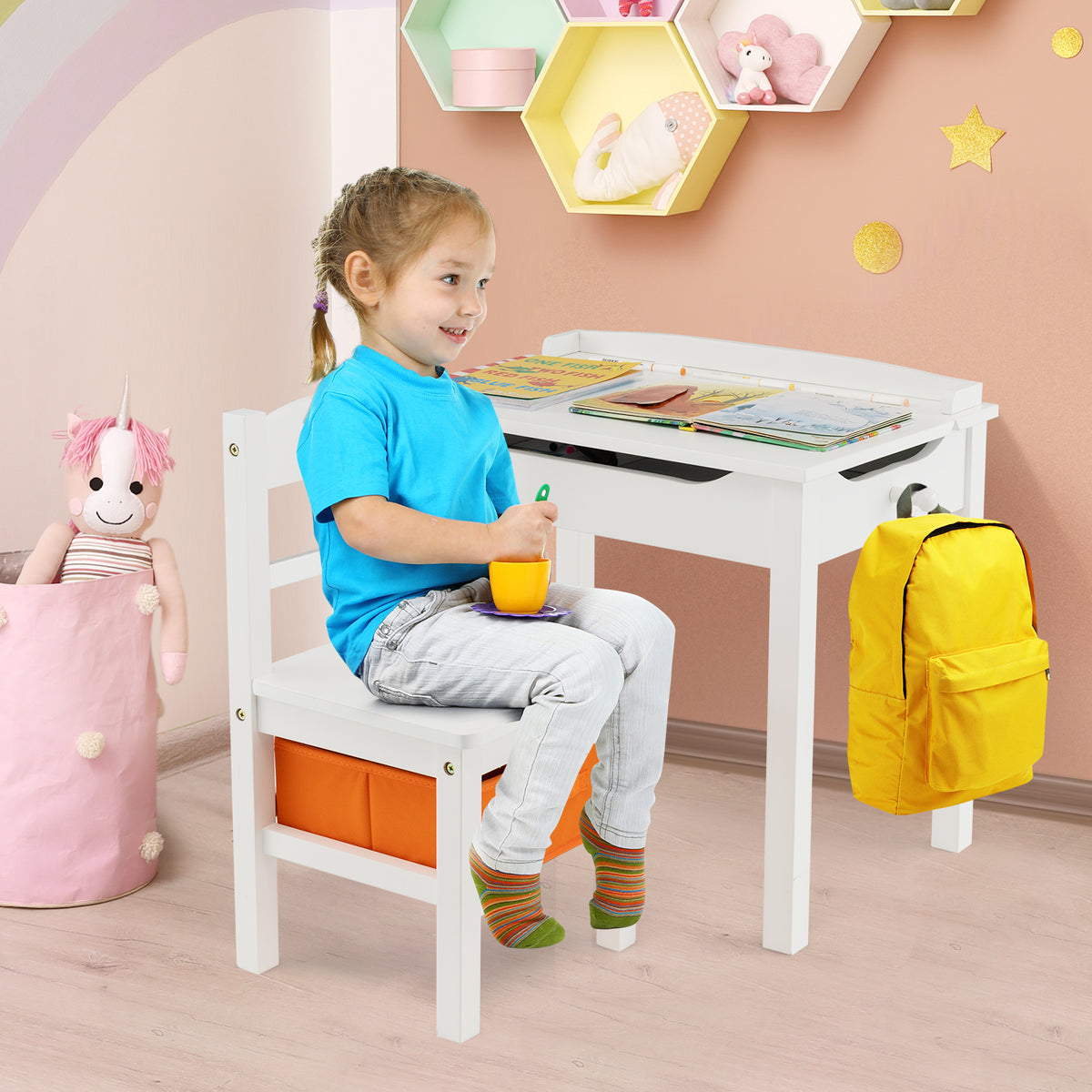 Kids Wood Activity Table and Chair Set with Storage - White Variation