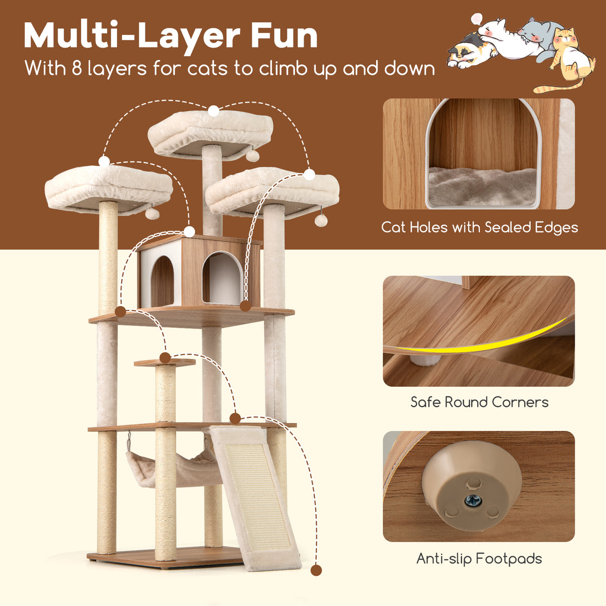 Natural 68-Inch Cat Tree with 3 Padded Perches Condo & Sisal Posts - Variation of THIS listing