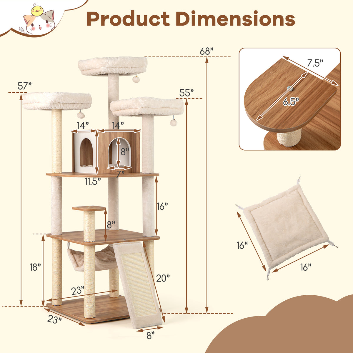 Natural 68-Inch Cat Tree with 3 Padded Perches Condo & Sisal Posts - Variation of THIS listing