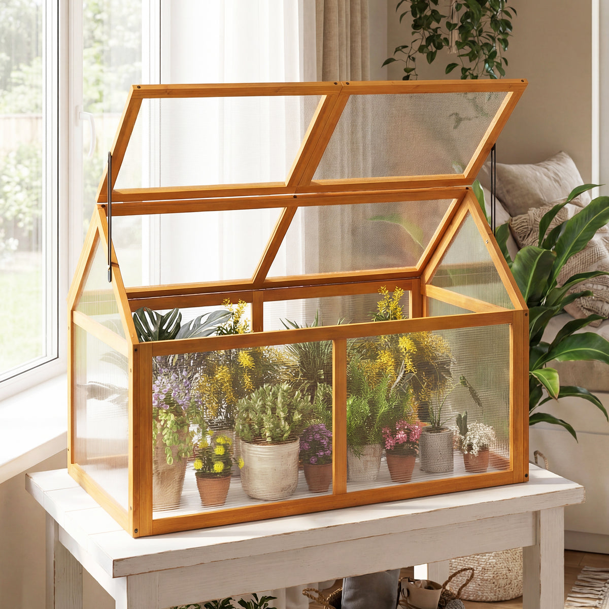 Wood Cold Frame Greenhouse Raised Planter - Style 1, Orange