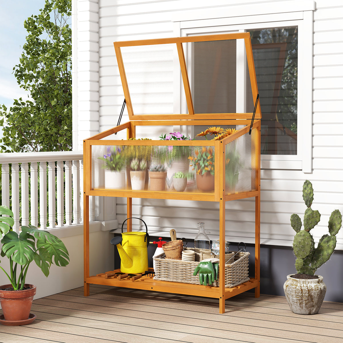 Wood Cold Frame Greenhouse with Roof - Orange, Style 4