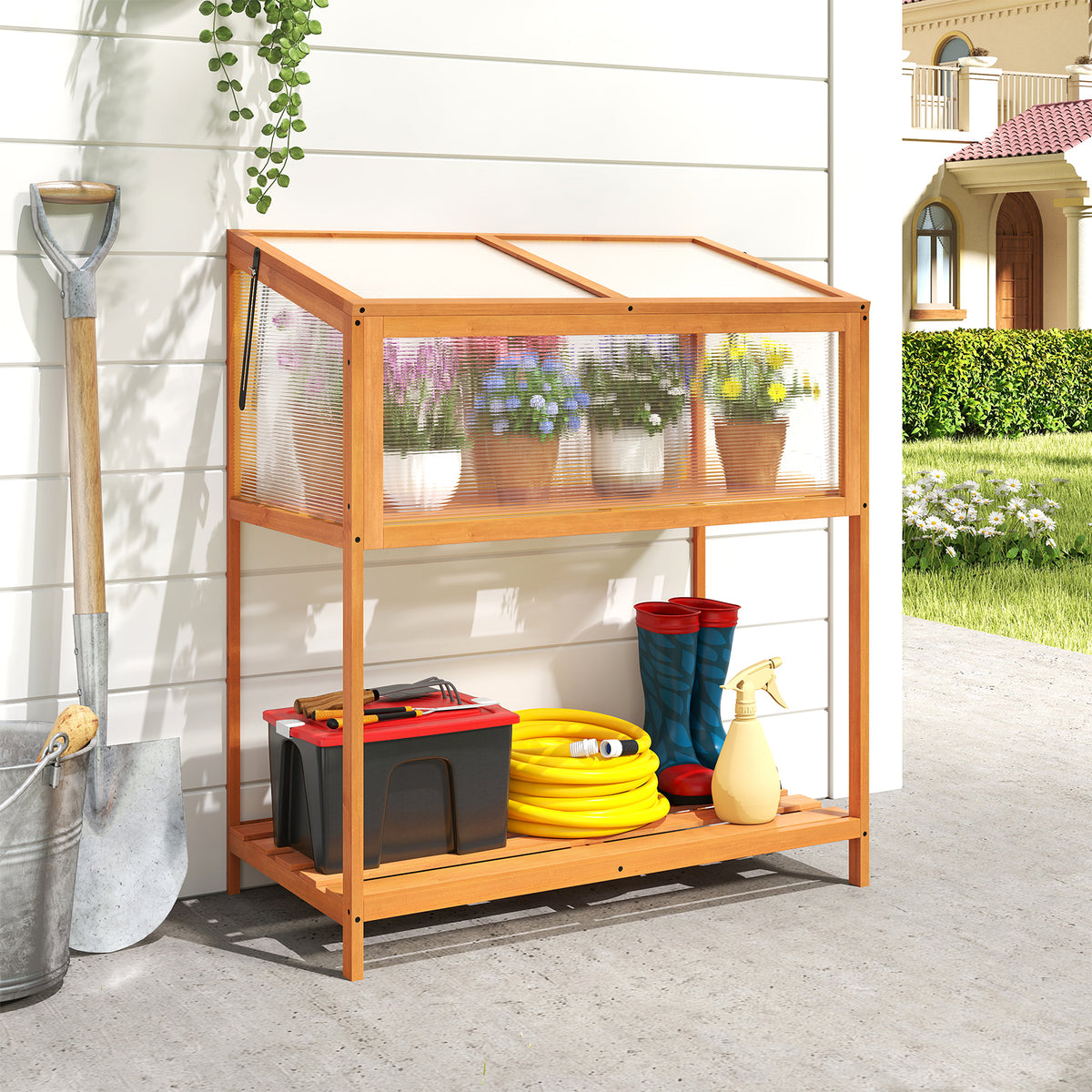 Wood Cold Frame Greenhouse with Roof - Orange, Style 4