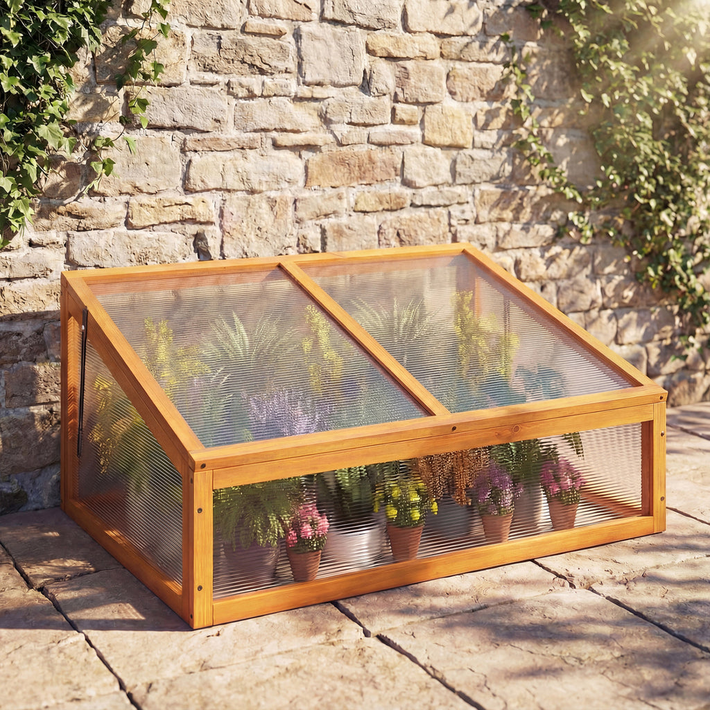 Wood Cold Frame Greenhouse with Polycarbonate Roof - Style 3, Orange
