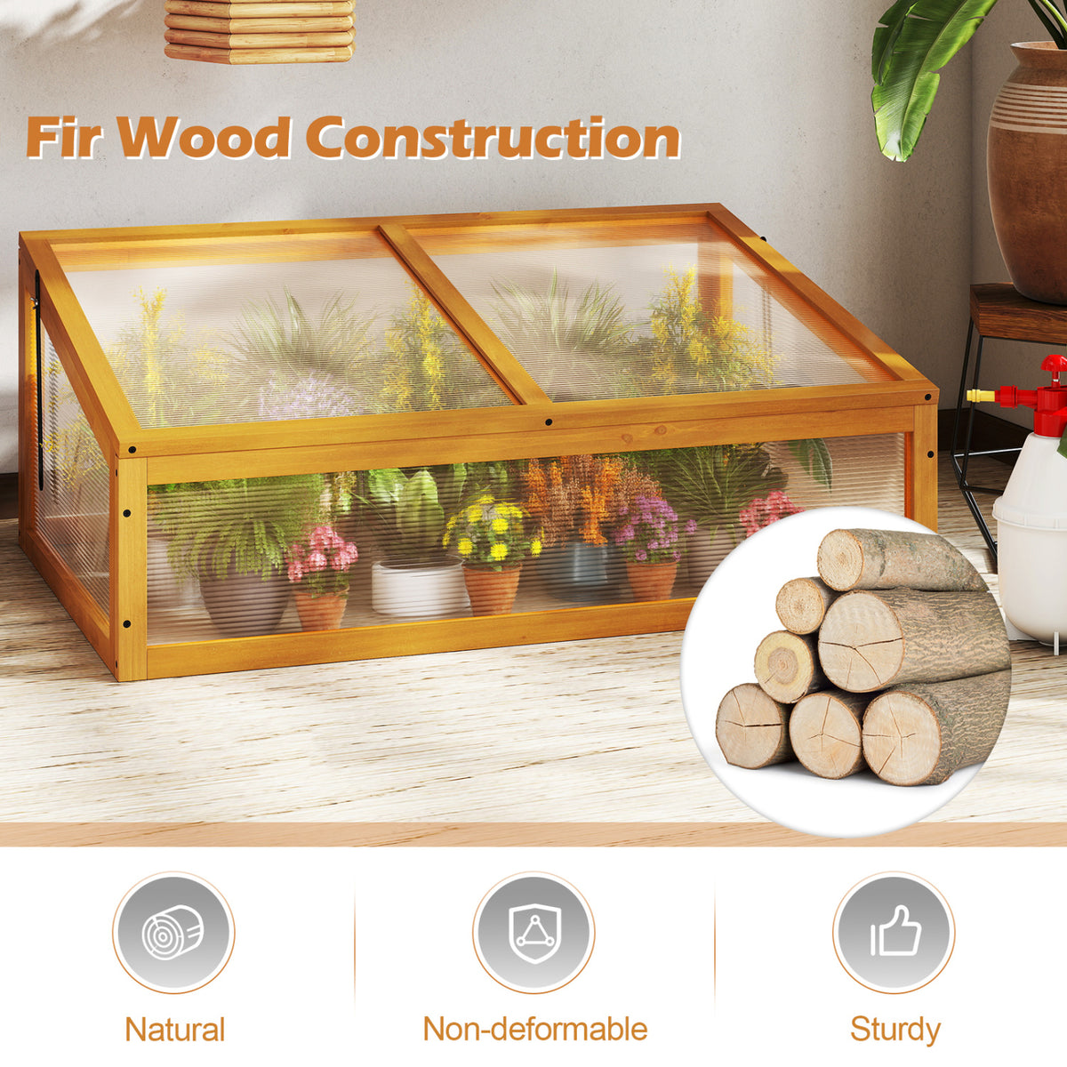 Wood Cold Frame Greenhouse with Polycarbonate Roof - Style 3, Orange