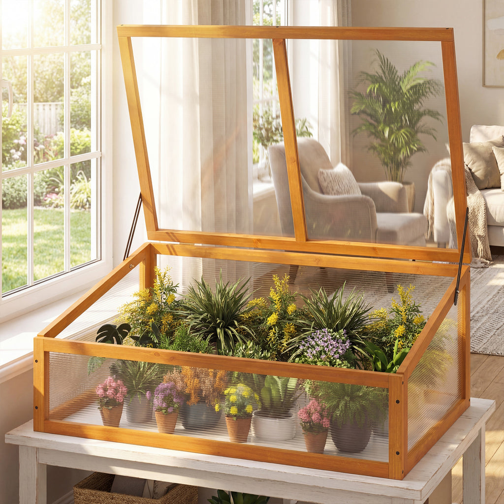 Wood Cold Frame Greenhouse with Polycarbonate Roof - Style 3, Orange