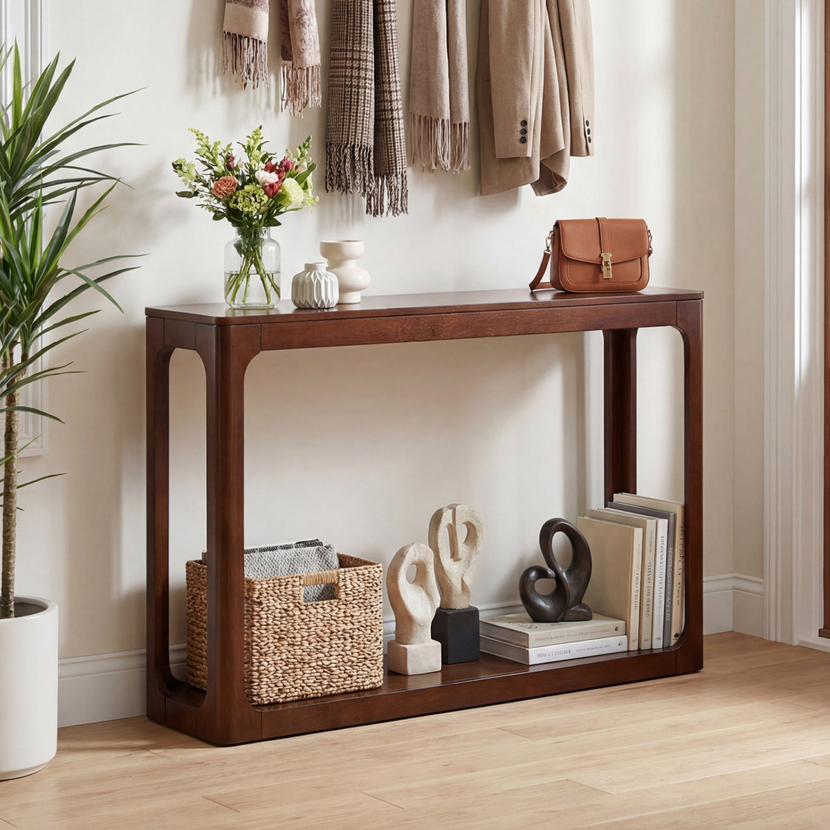 2-Tier Wood Console Table with Storage Shelf, Brown