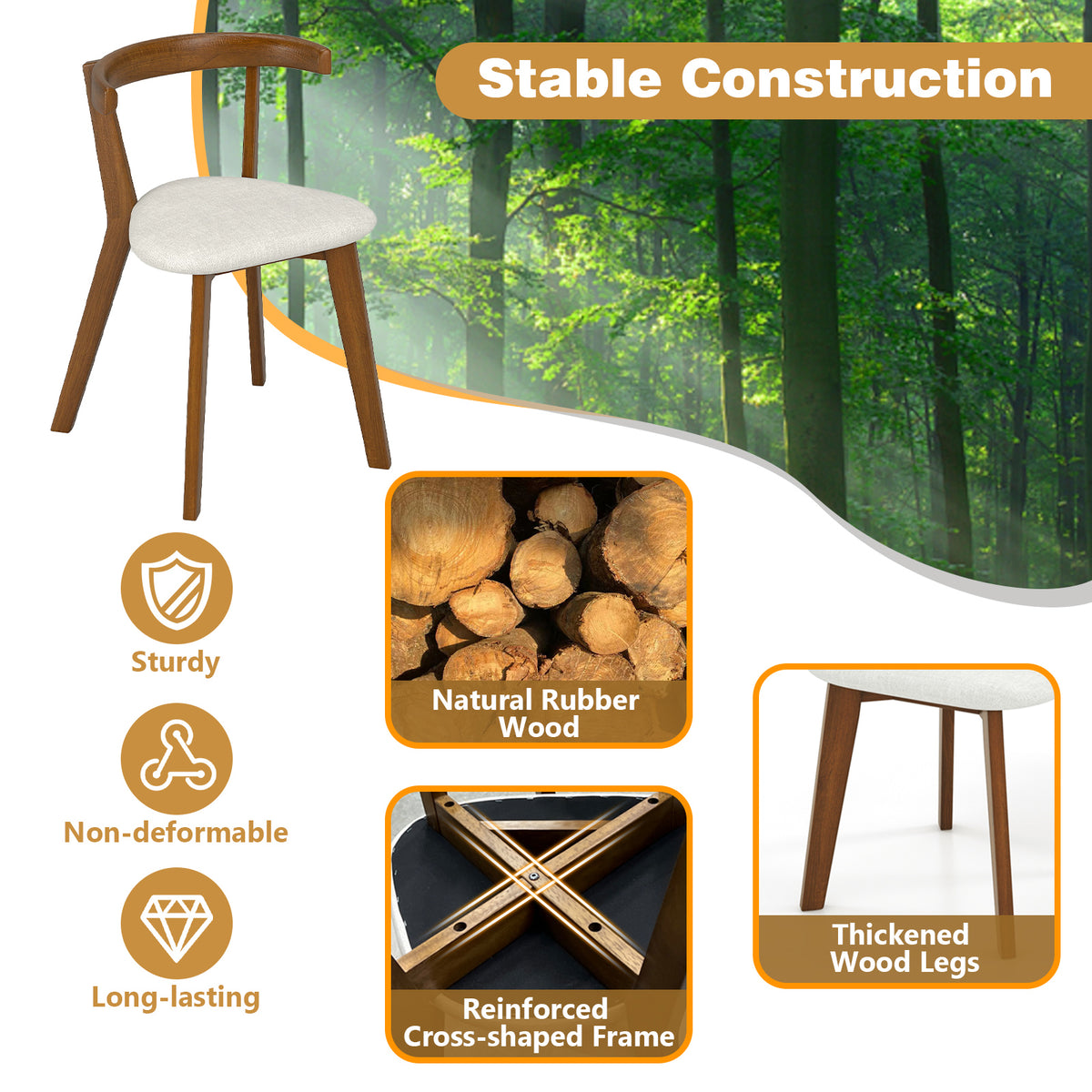 Wood Dining Chair Set of 2 with Padded Seat - Walnut