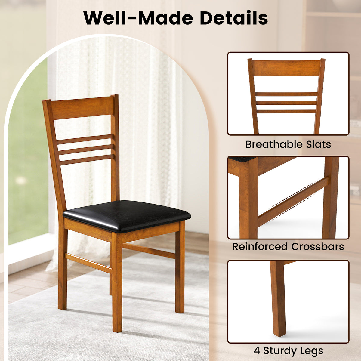 Wood Dining Chairs Set of 2 - Horizontal Slat Back, Walnut
