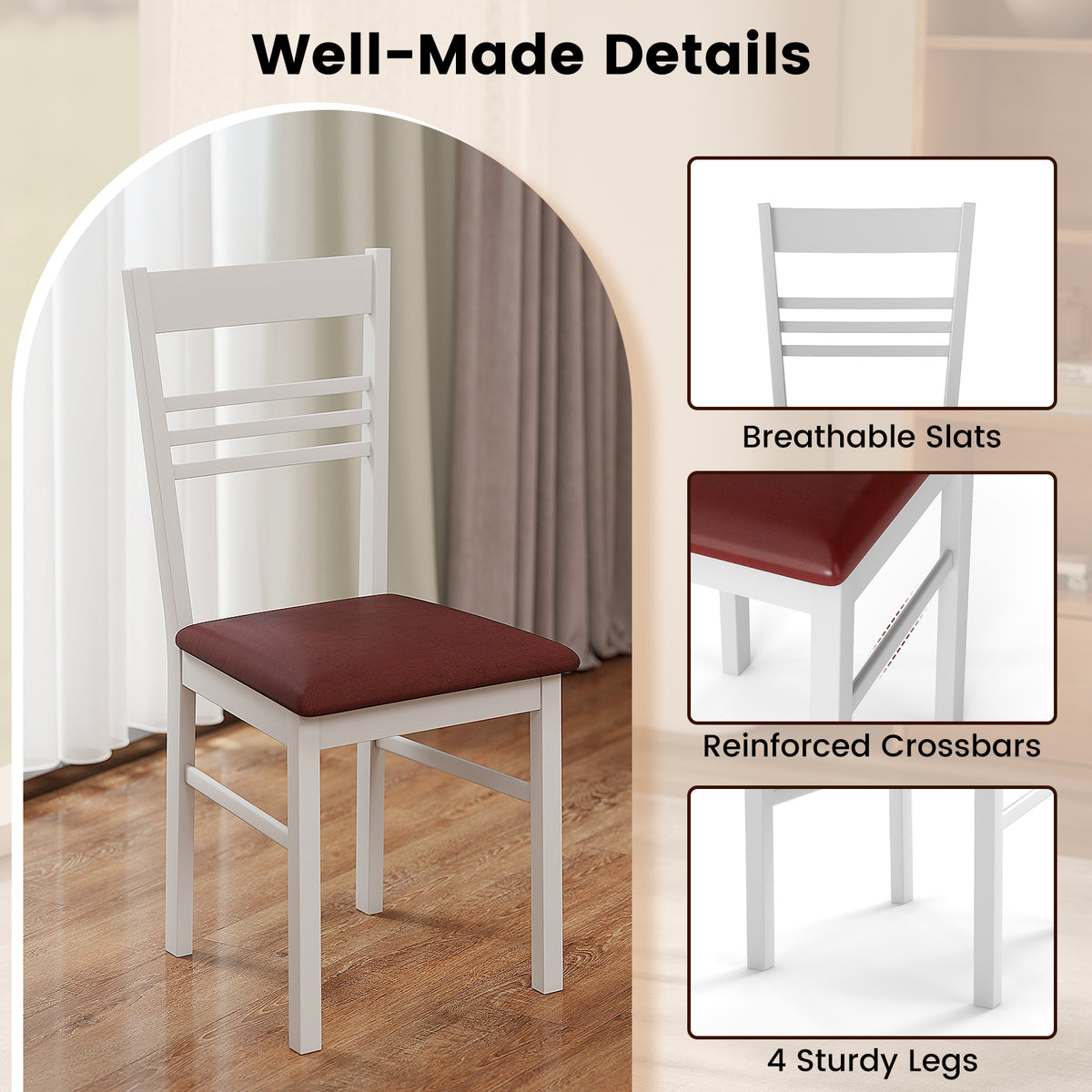 Wood Dining Chairs Set of 2, Horizontal Slat Back - White