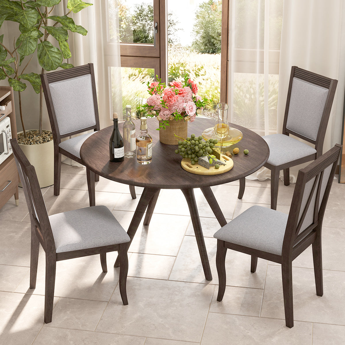Dining Chairs Set of 2, Rubber Wood Frame, Padded Linen Seat - Brown