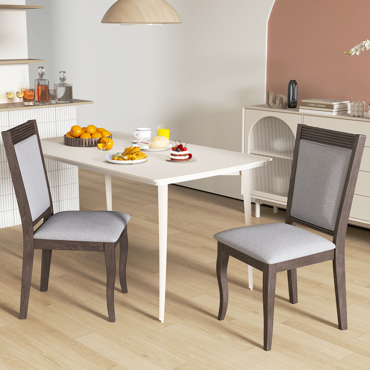Dining Chairs Set of 2, Rubber Wood Frame, Padded Linen Seat - Brown