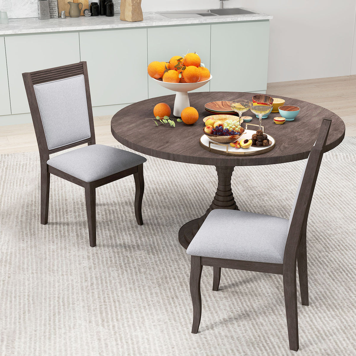 Dining Chairs Set of 2, Rubber Wood Frame, Padded Linen Seat - Brown