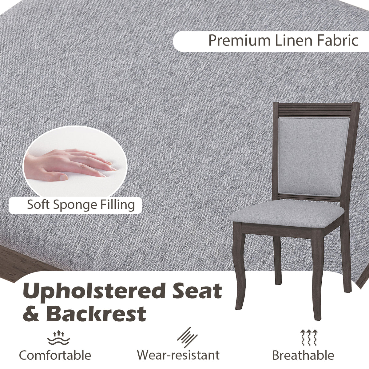 Dining Chairs Set of 2, Rubber Wood Frame, Padded Linen Seat - Brown