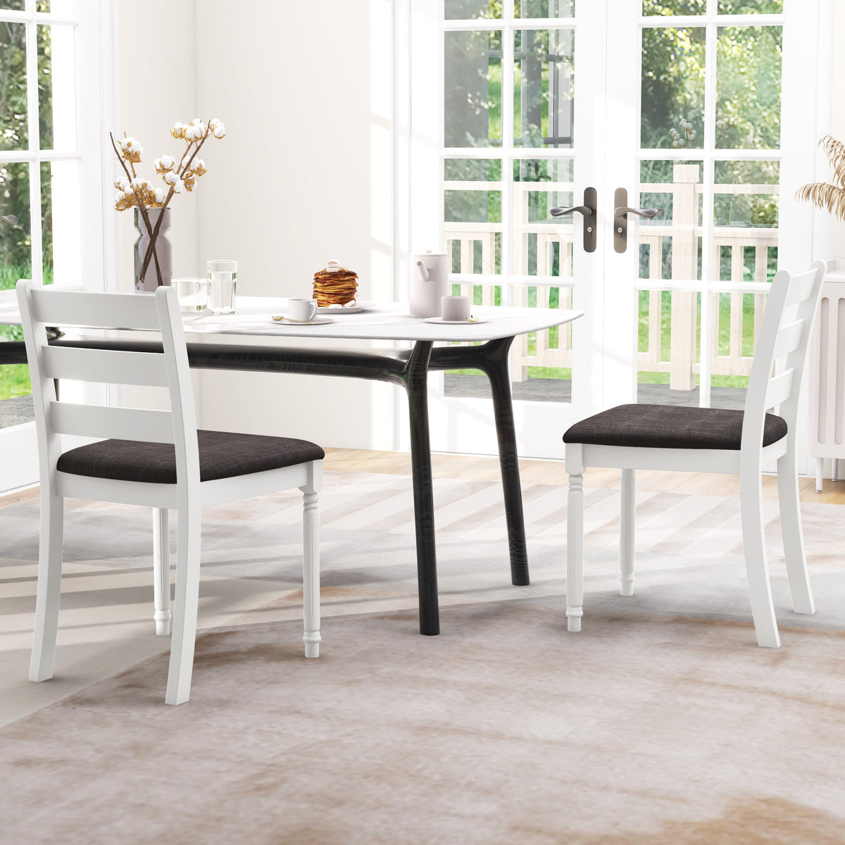 Set of 2 Rubber Wood Dining Chairs with Padded Seat - White