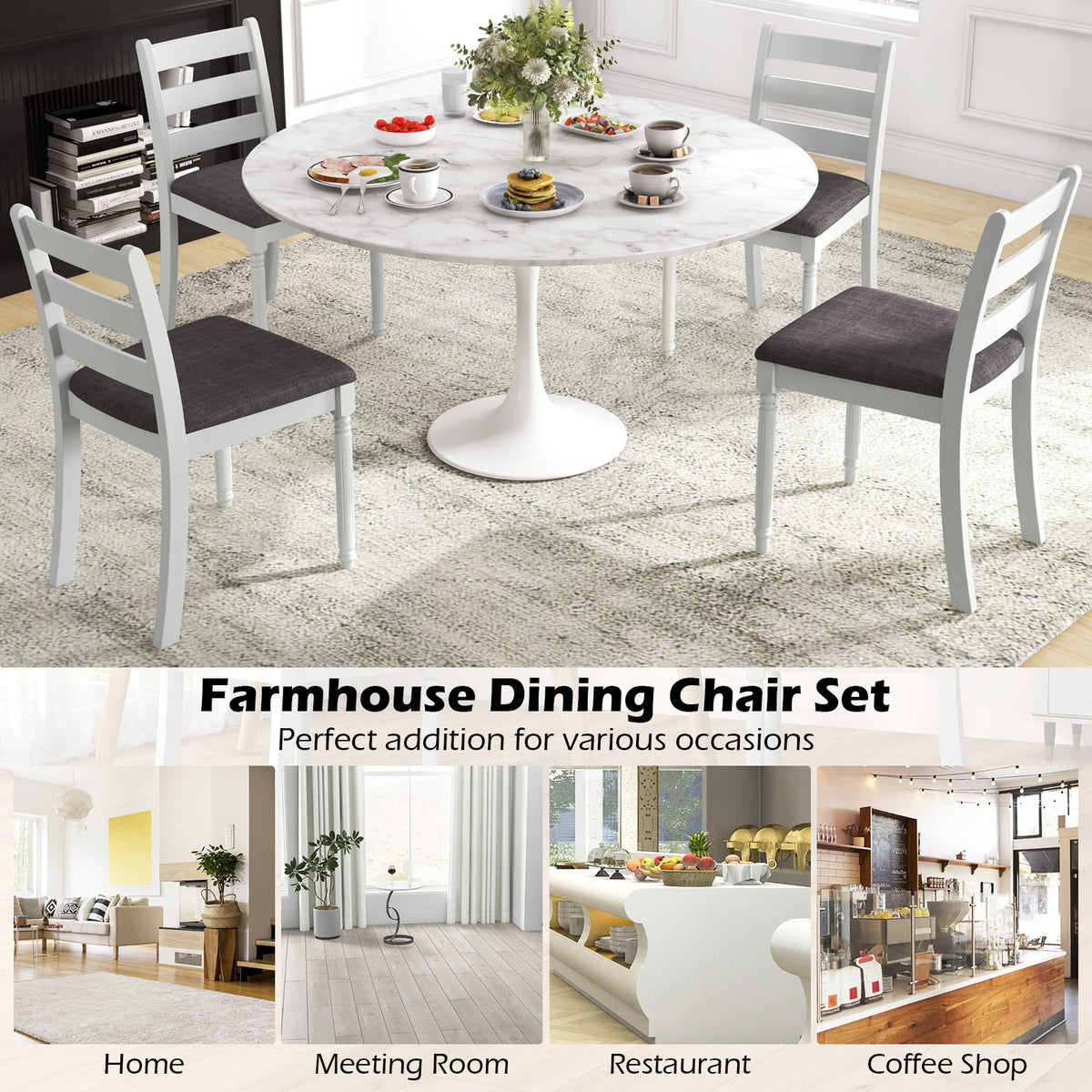 Set of 2 Rubber Wood Dining Chairs with Padded Seat - White