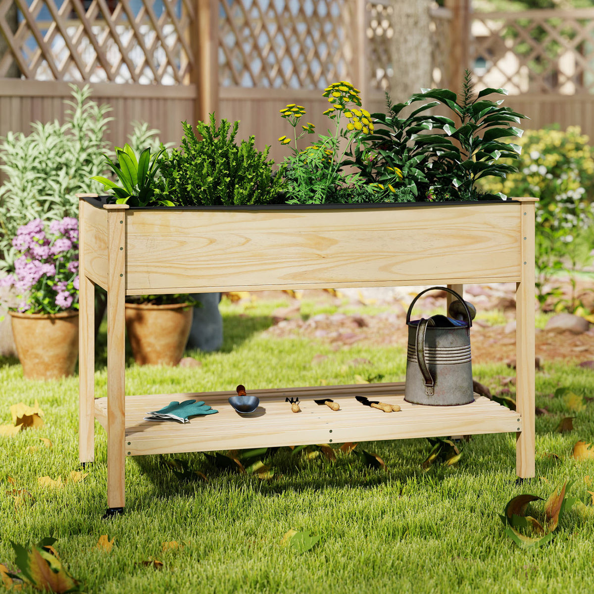 Wood Elevated Planter Bed with Lockable Wheels & Storage Shelf
