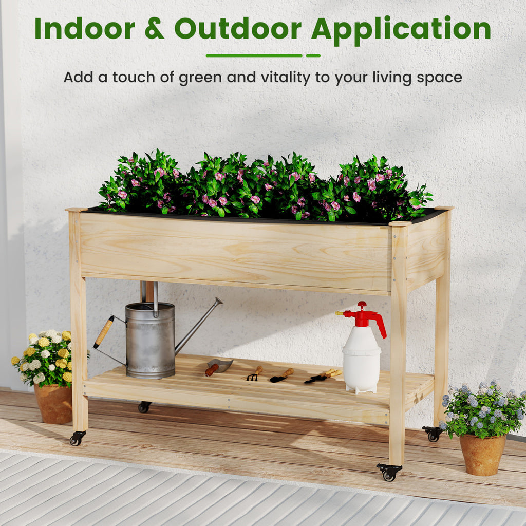 Wood Elevated Planter Bed with Lockable Wheels & Storage Shelf