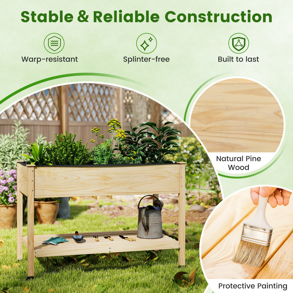 Wood Elevated Planter Bed with Lockable Wheels & Storage Shelf