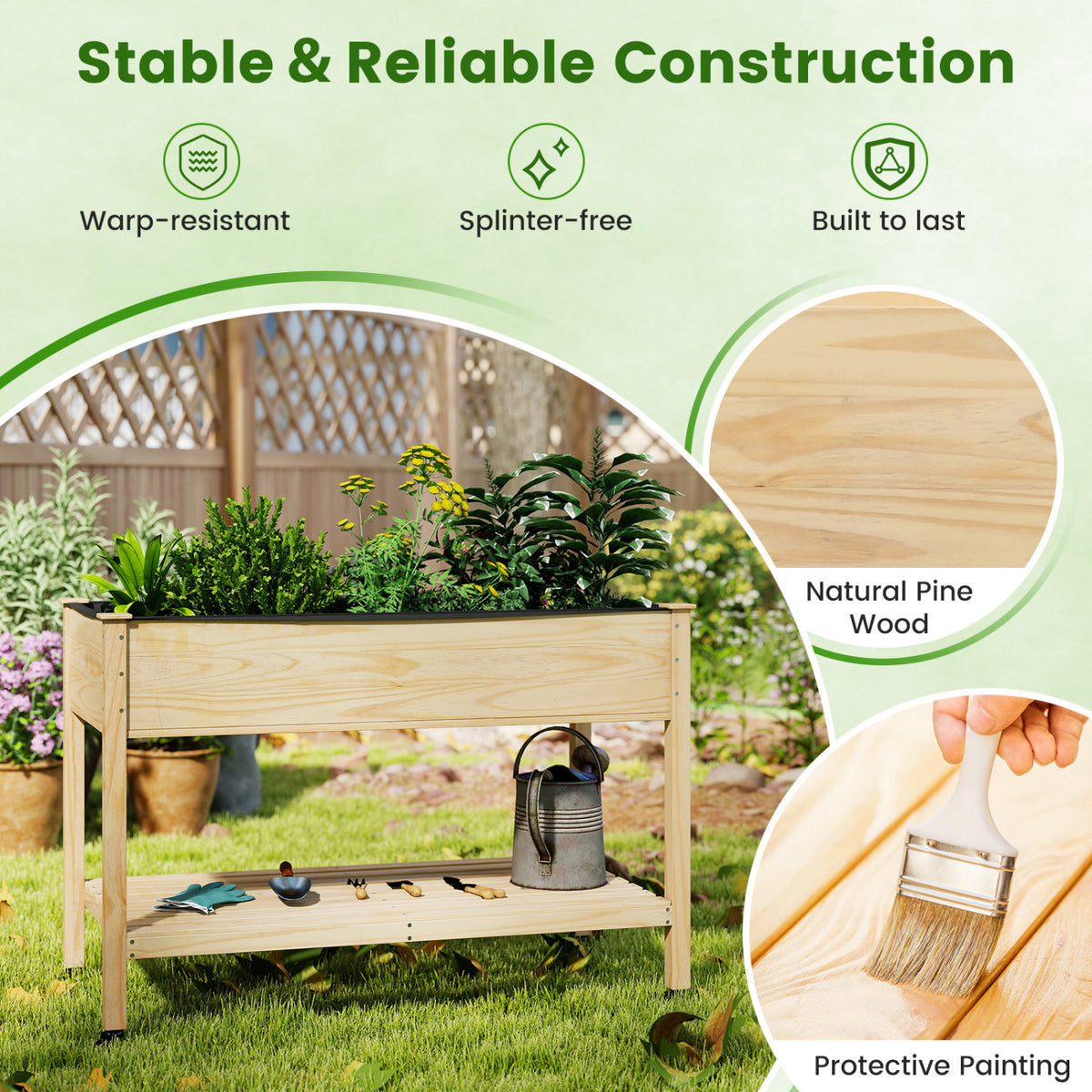 Wood Elevated Planter Bed with Lockable Wheels & Storage Shelf