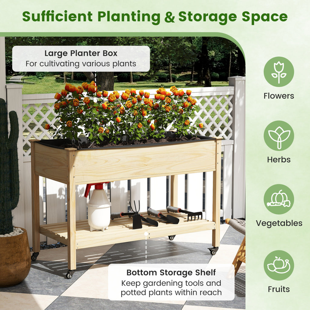 Wood Elevated Planter Bed with Lockable Wheels & Storage Shelf