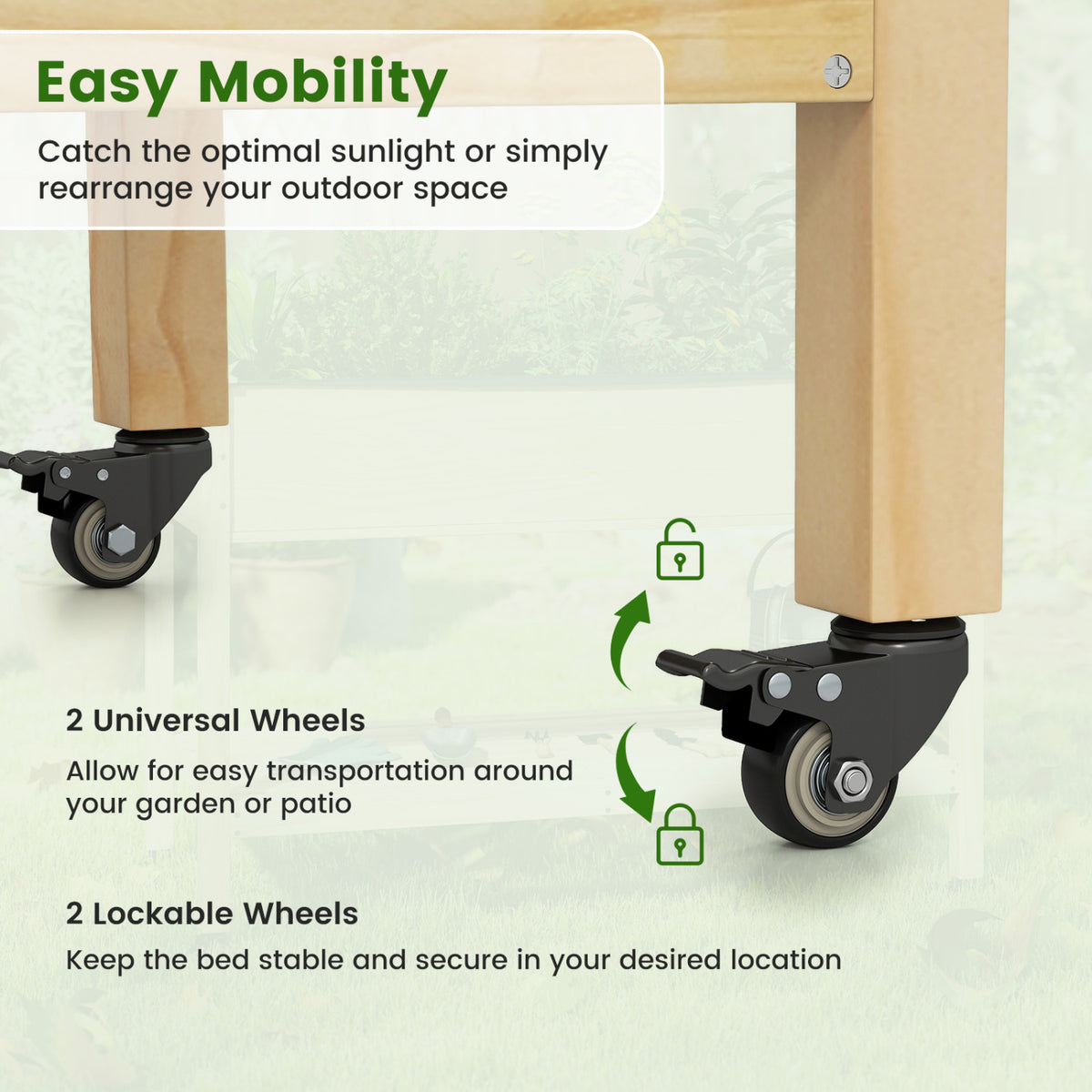 Wood Elevated Planter Bed with Lockable Wheels & Storage Shelf