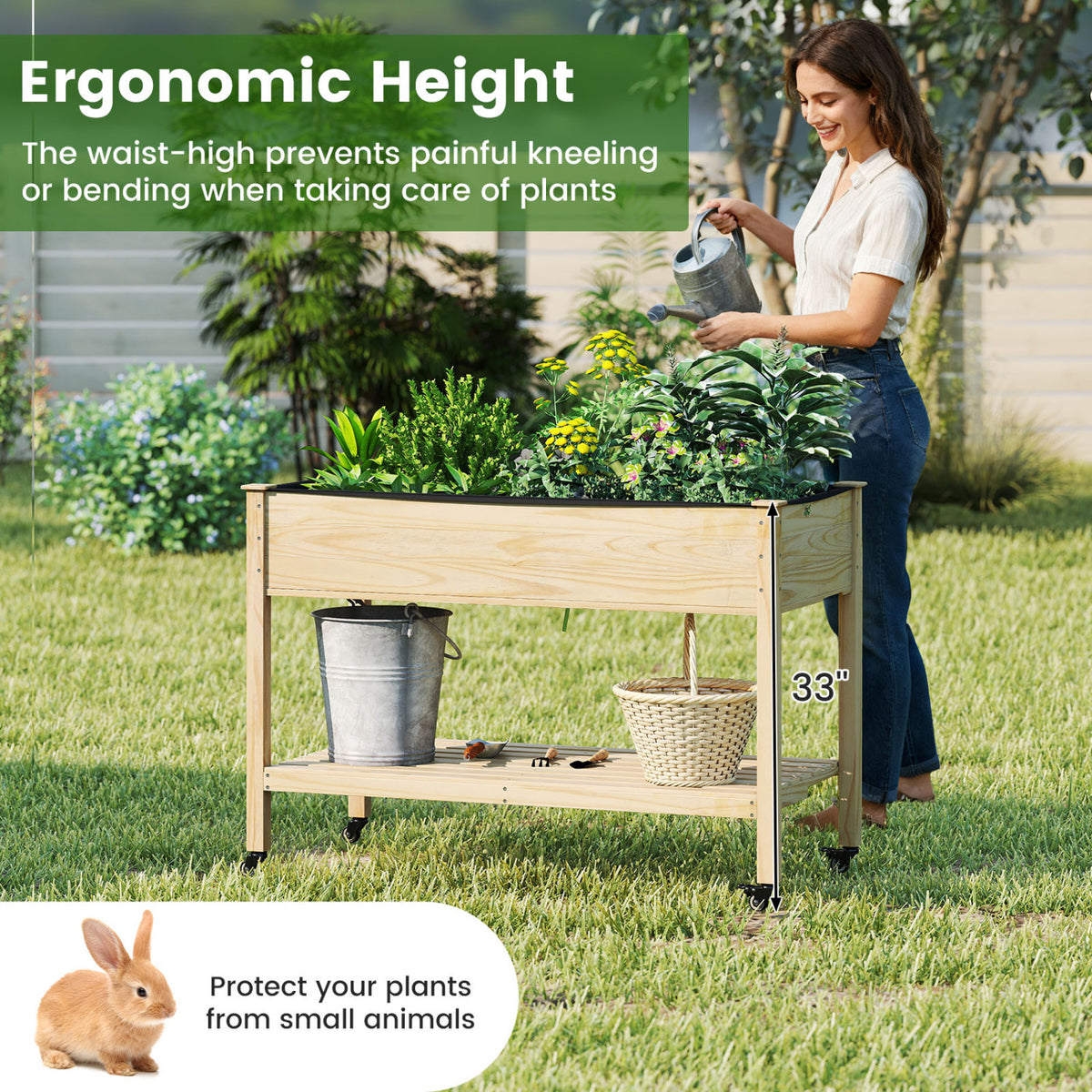 Wood Elevated Planter Bed with Lockable Wheels & Storage Shelf
