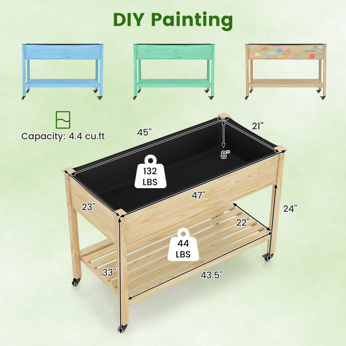 Wood Elevated Planter Bed with Lockable Wheels & Storage Shelf