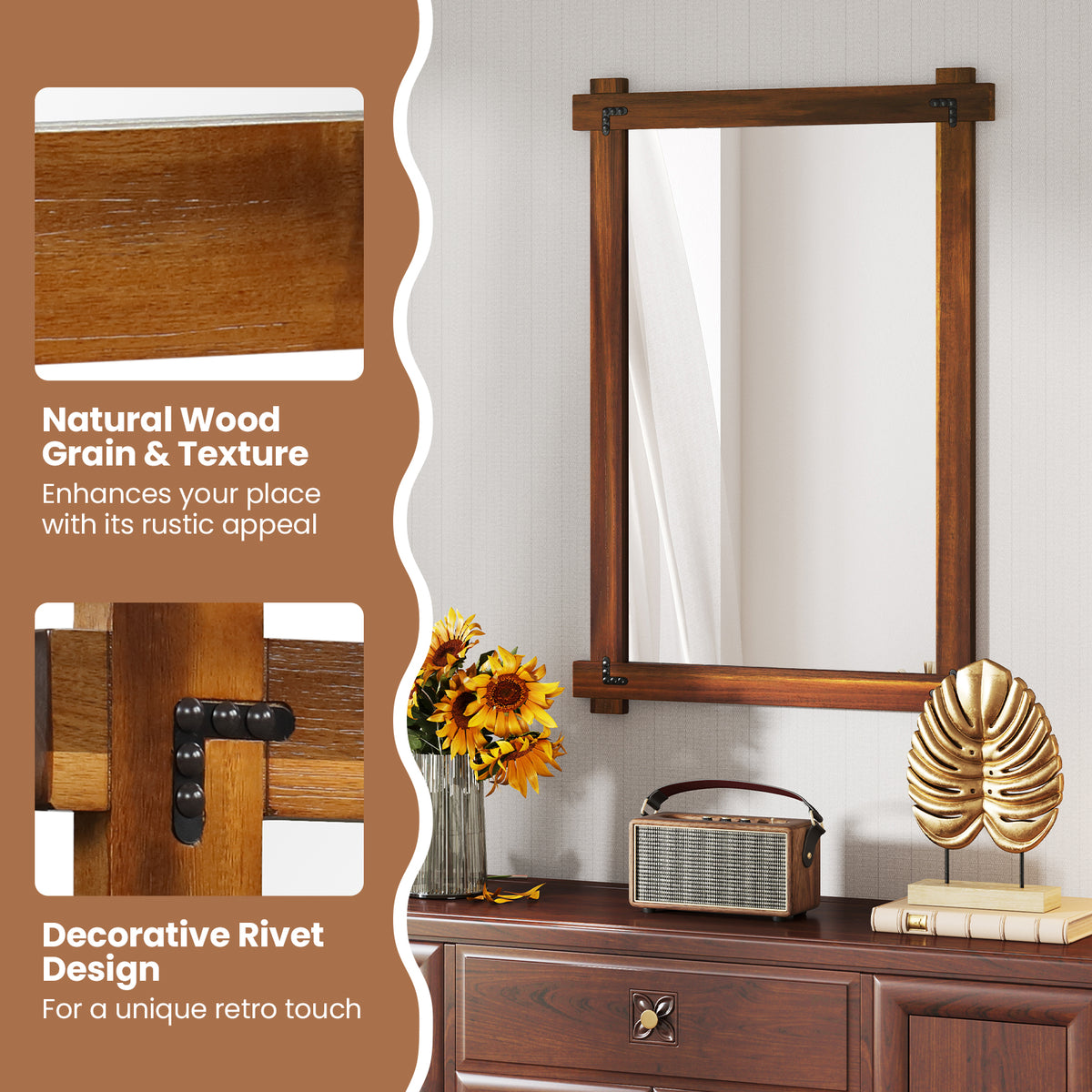 Wood Framed Mirror with Acacia Wood Frame and Vintage Rivet Design - Large L