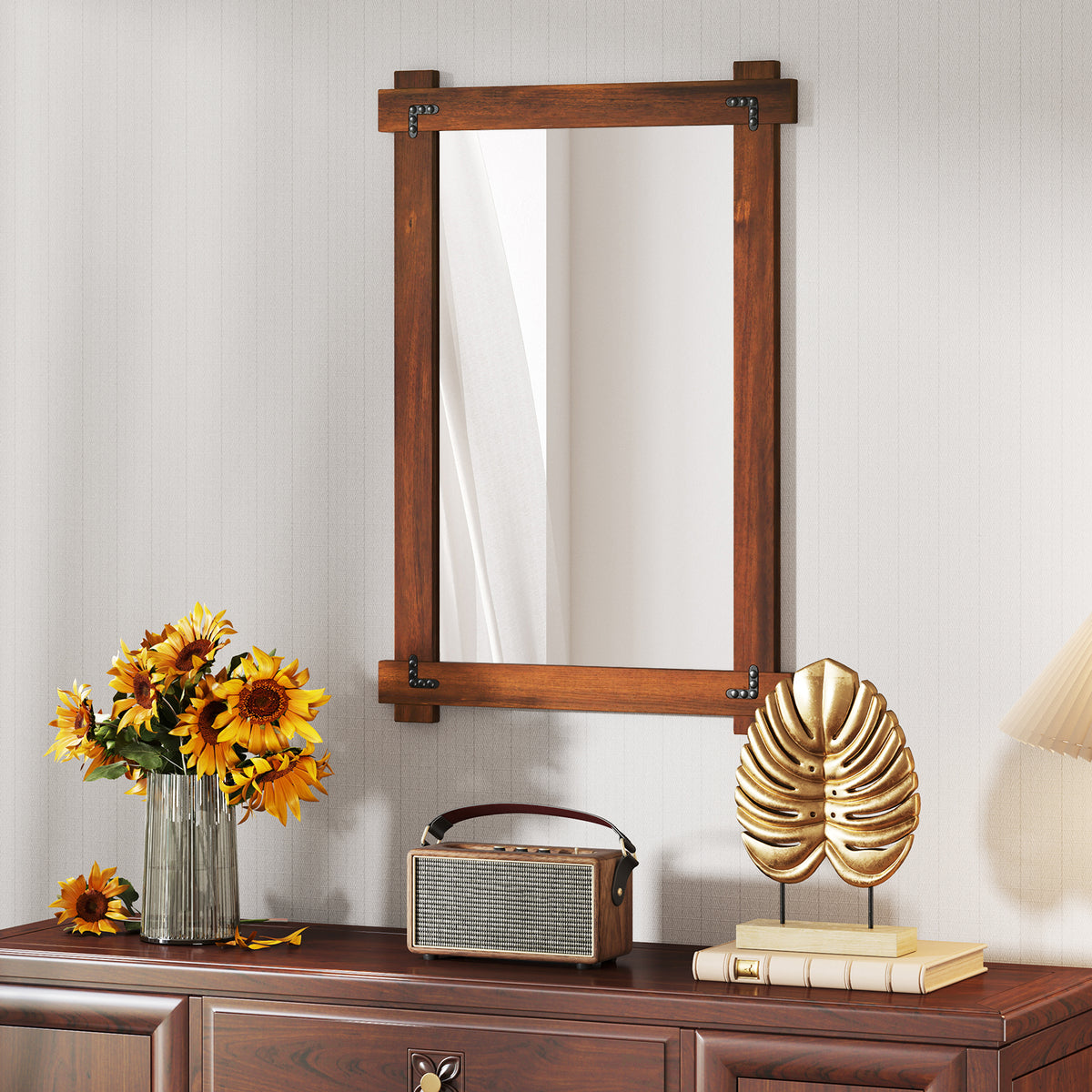 Wood Framed Mirror with Acacia Wood Frame and Vintage Rivet Design - Large L