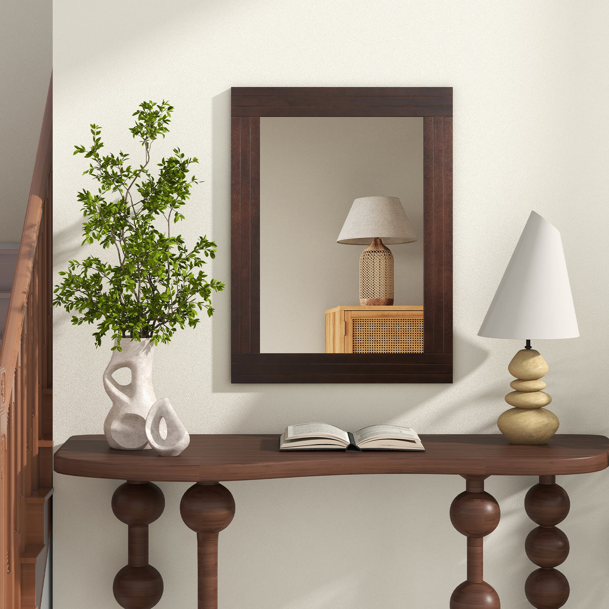 Wood Framed Wall Mirror for Bedroom Living Room Entryway - Brown Rustic Style