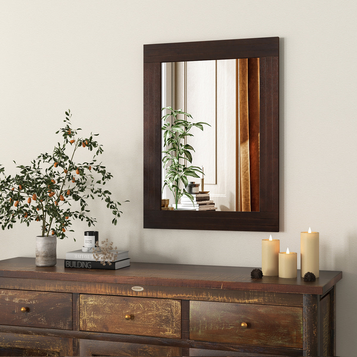 Wood Framed Wall Mirror for Bedroom Living Room Entryway - Brown Rustic Style